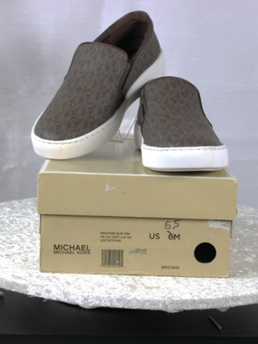 Michael Kors Keaton Slip-On Sneakers Brown MK Logo Print Women’s Size 5.5M